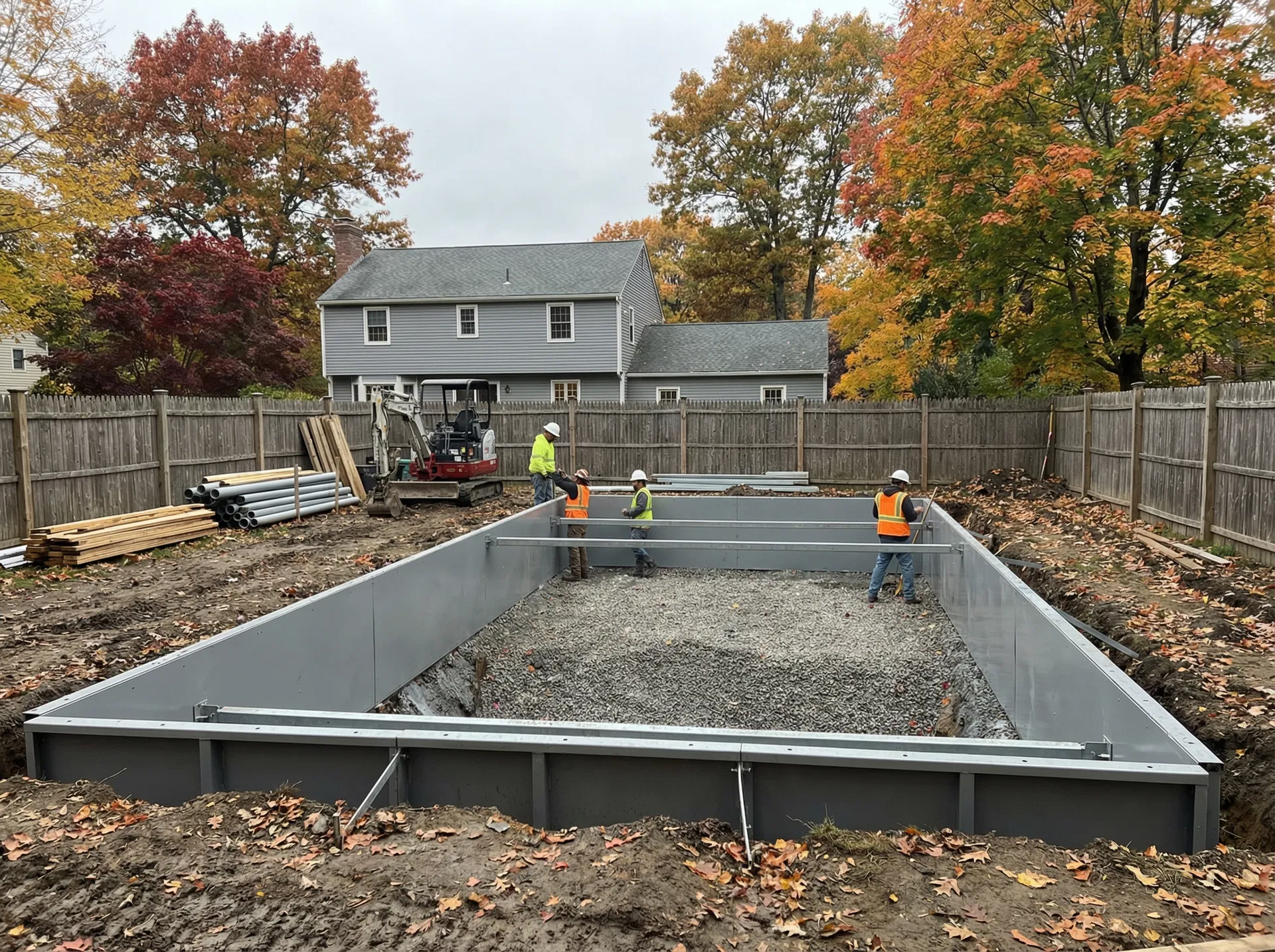 Vinyl liner pool construction in progress — steel wall panels being installed in a New England backyard