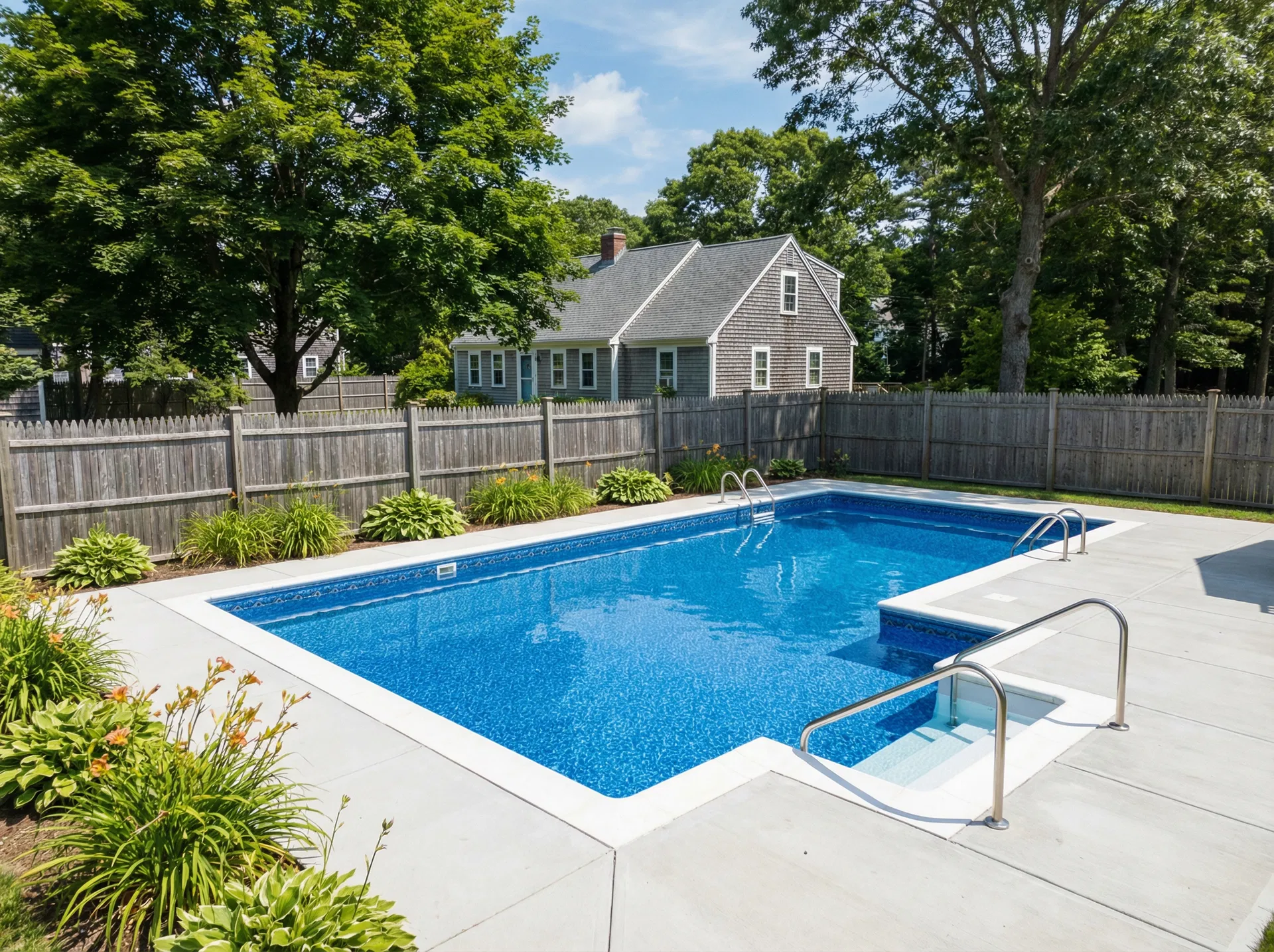 Pool renovation project showing a beautifully restored vinyl liner pool