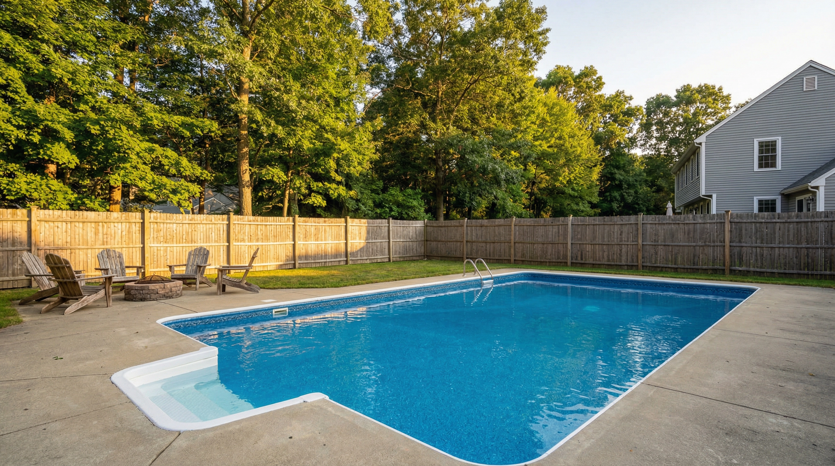 Beautiful vinyl liner pool in a New England backyard at golden hour