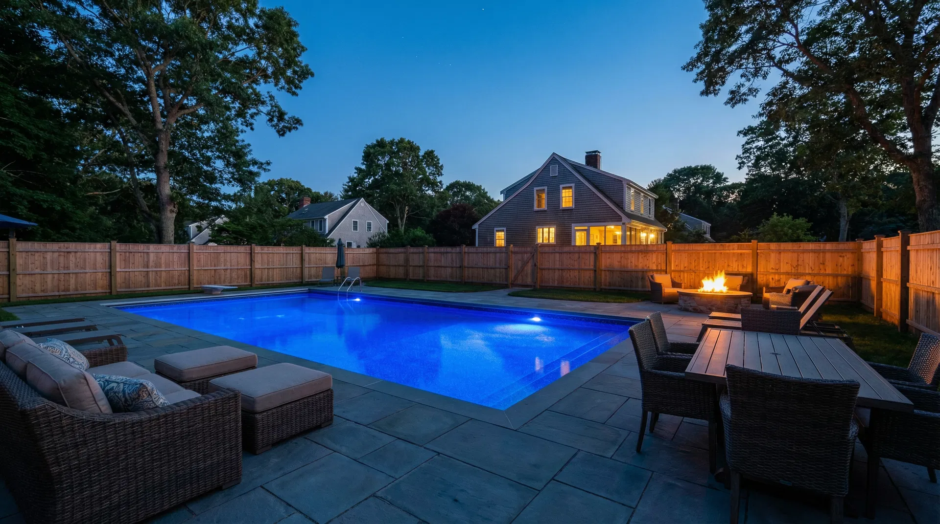 Pool illuminated at twilight