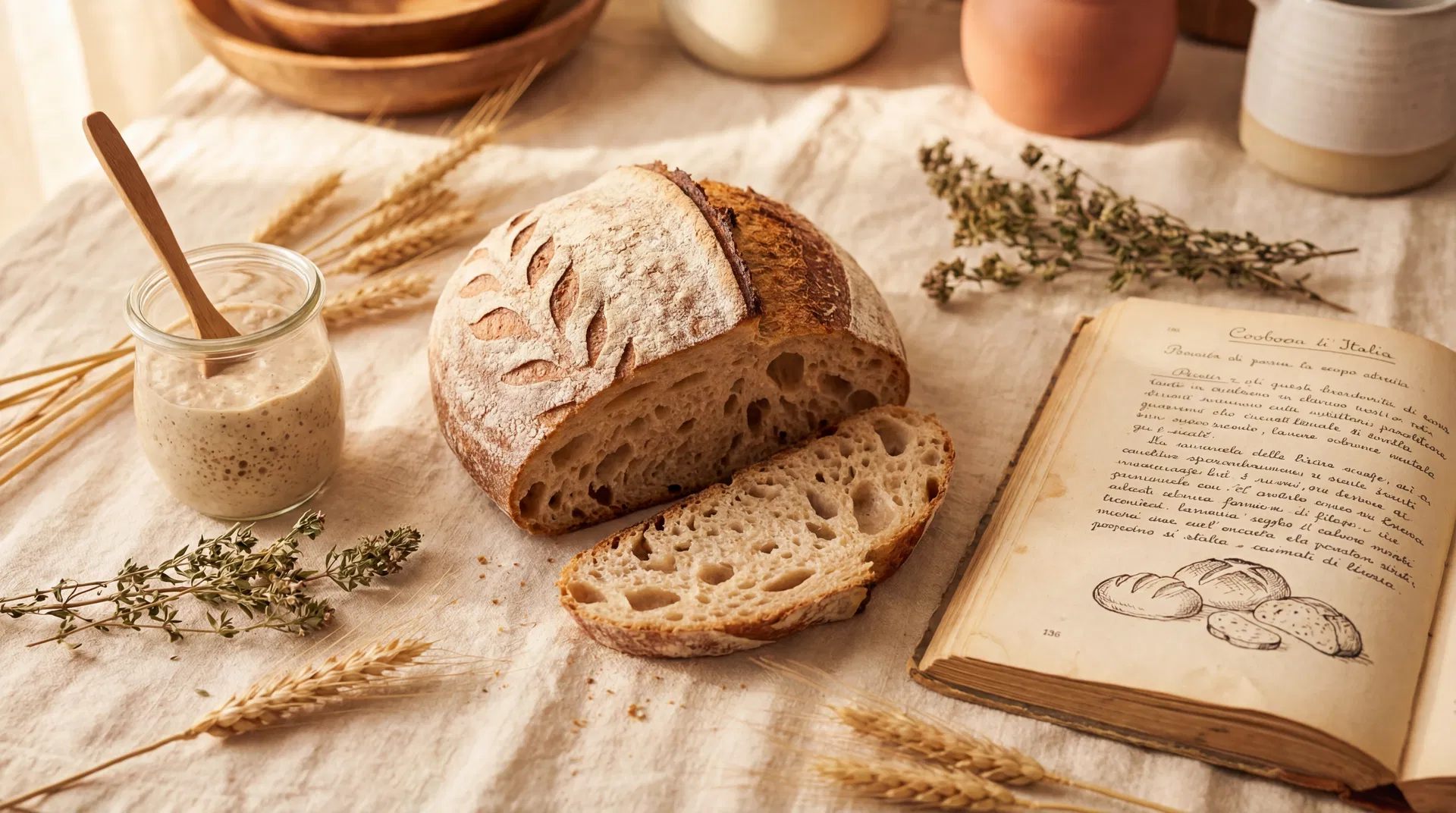 Artisan sourdough bread with Italian cookbook