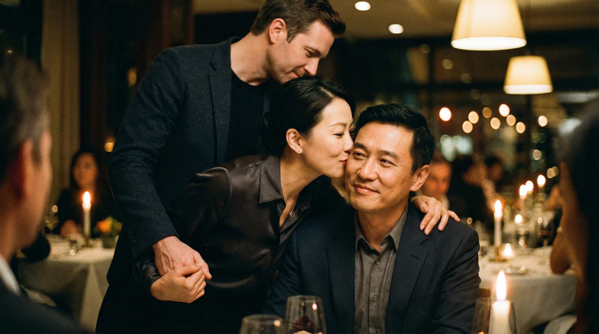 Chinese wife kissing her husband goodbye at a candlelit restaurant while a white man holds her hand, the two of them leaving together