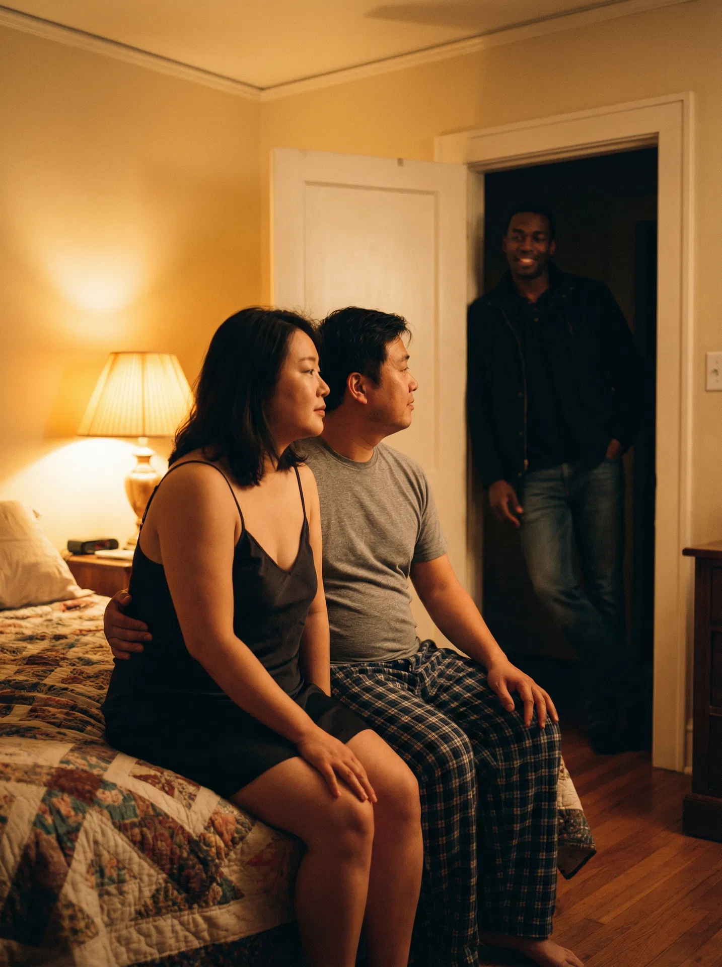 Asian woman in grey slip dress with Black man, Asian husband watching warmly from armchair — the cuckold dynamic