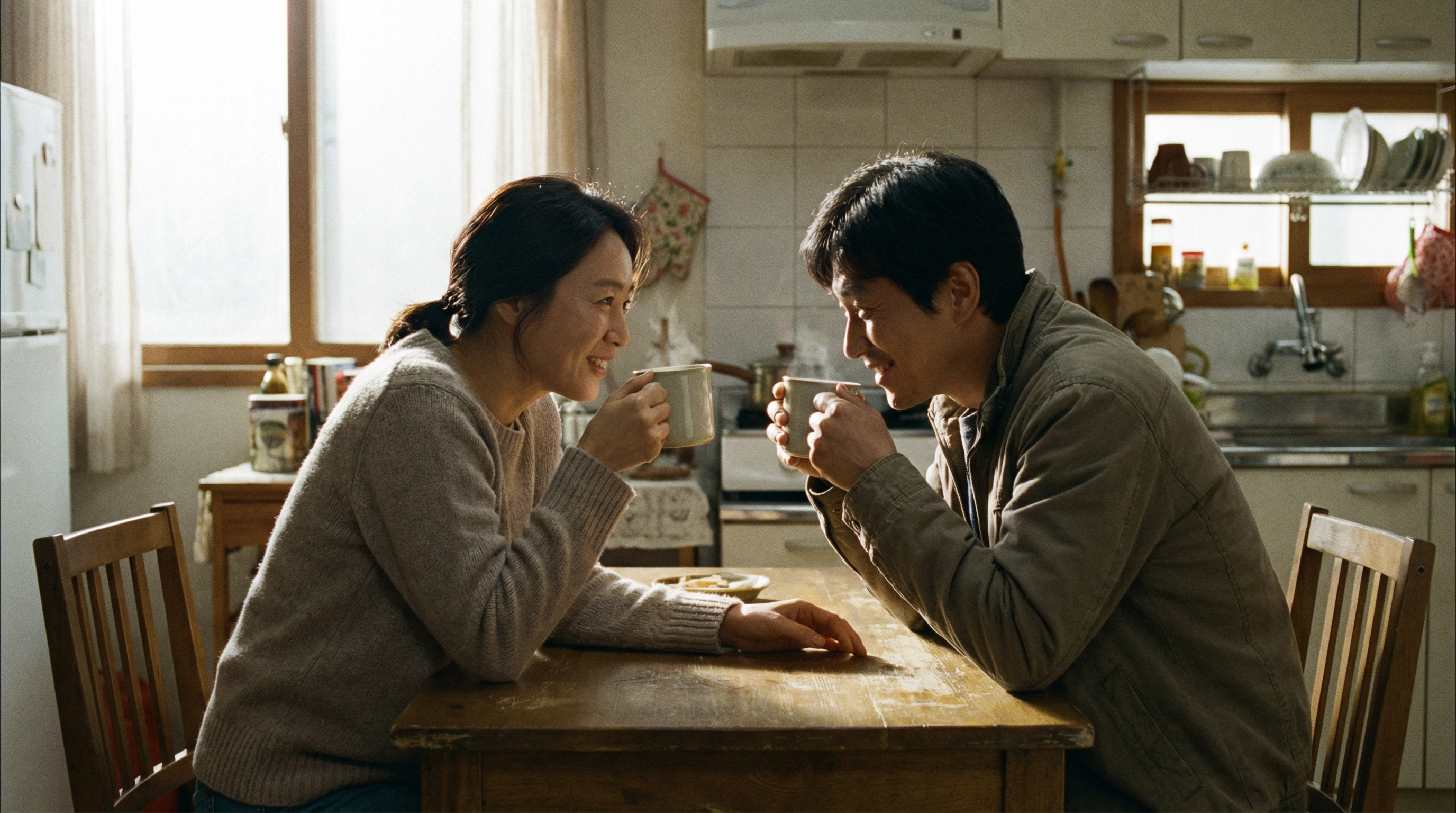 A Korean couple sharing an intimate morning conversation over coffee