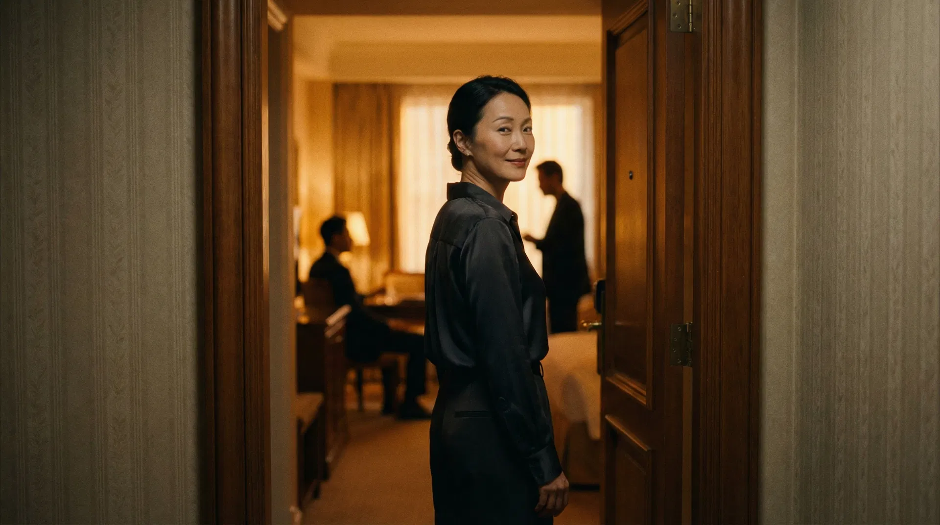 Asian woman in hotel doorway, two men visible behind her
