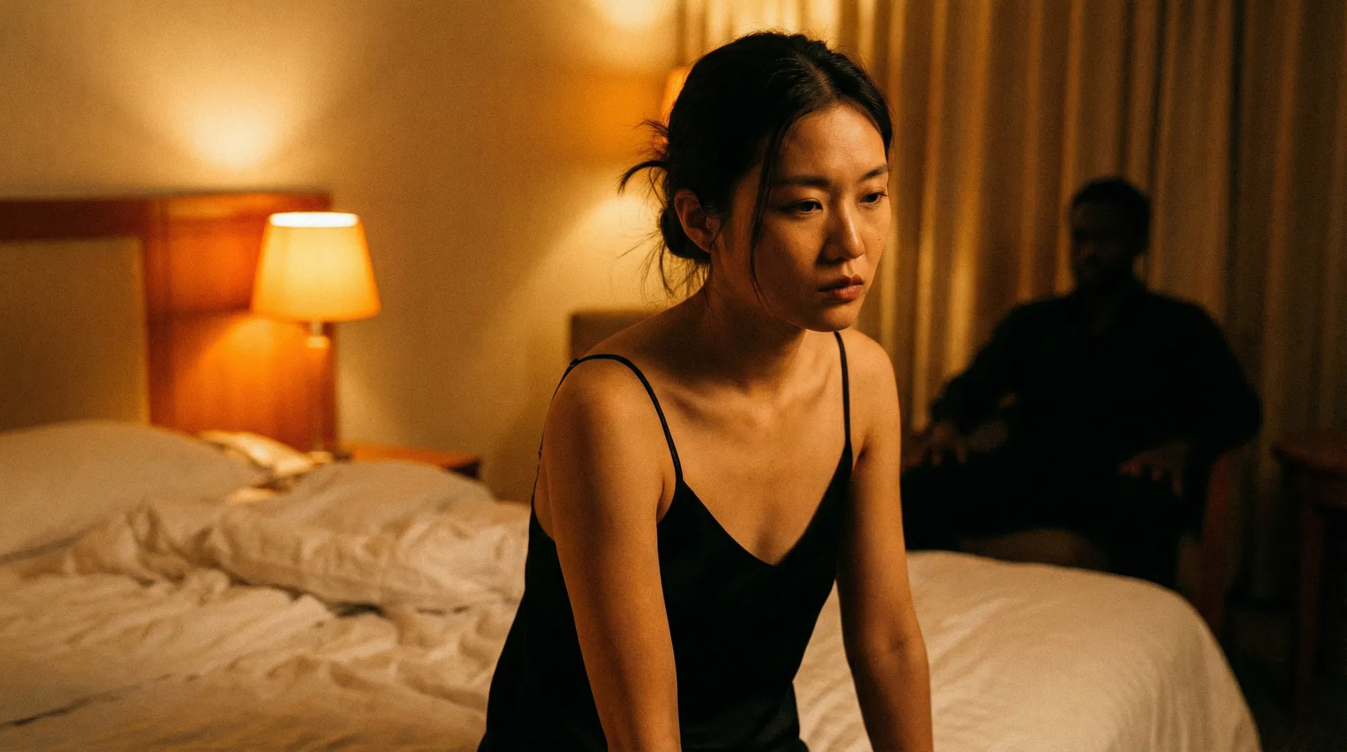 Asian woman on hotel bed, contemplating her desires