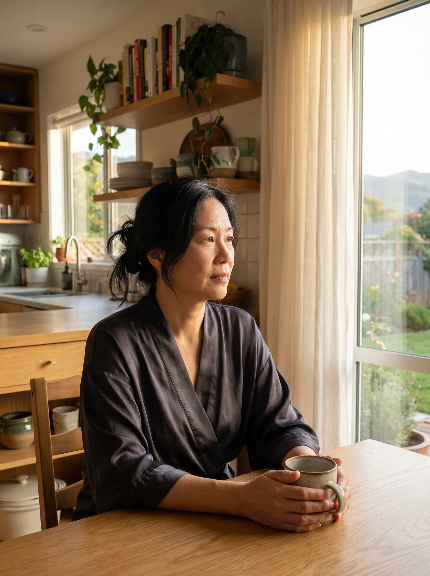 Lan at her kitchen table in morning light