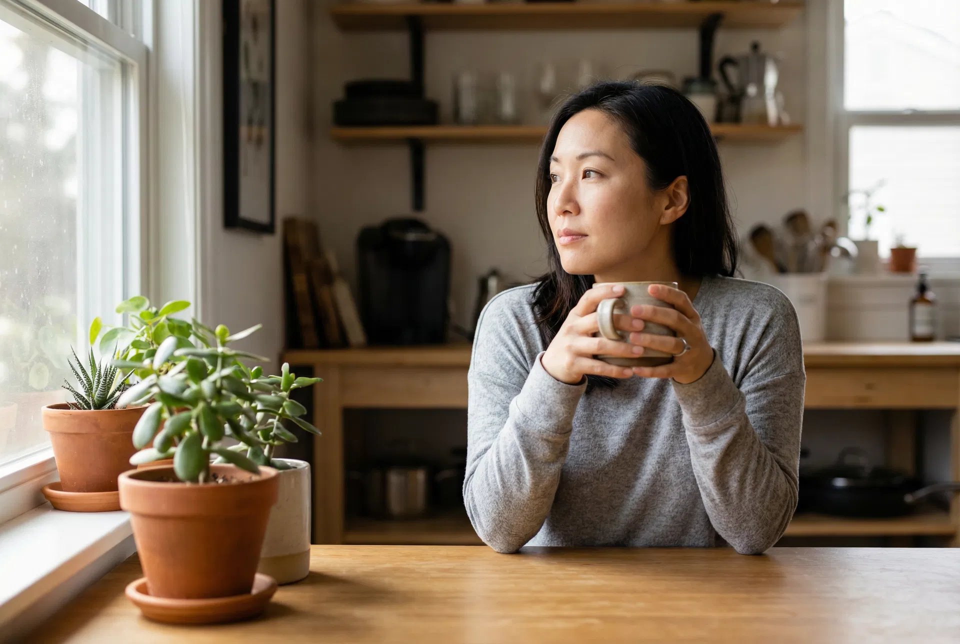 Min Ji at her kitchen table with coffee