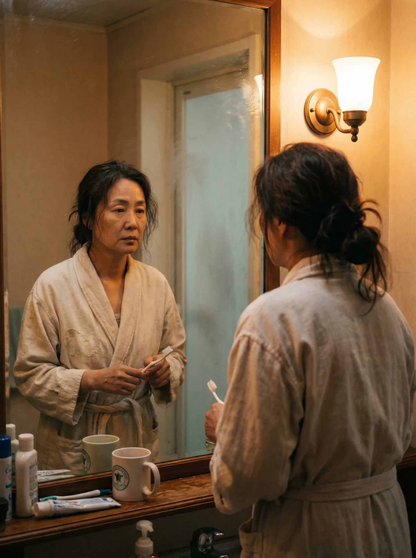 A woman alone at a mirror — the pause before the next step