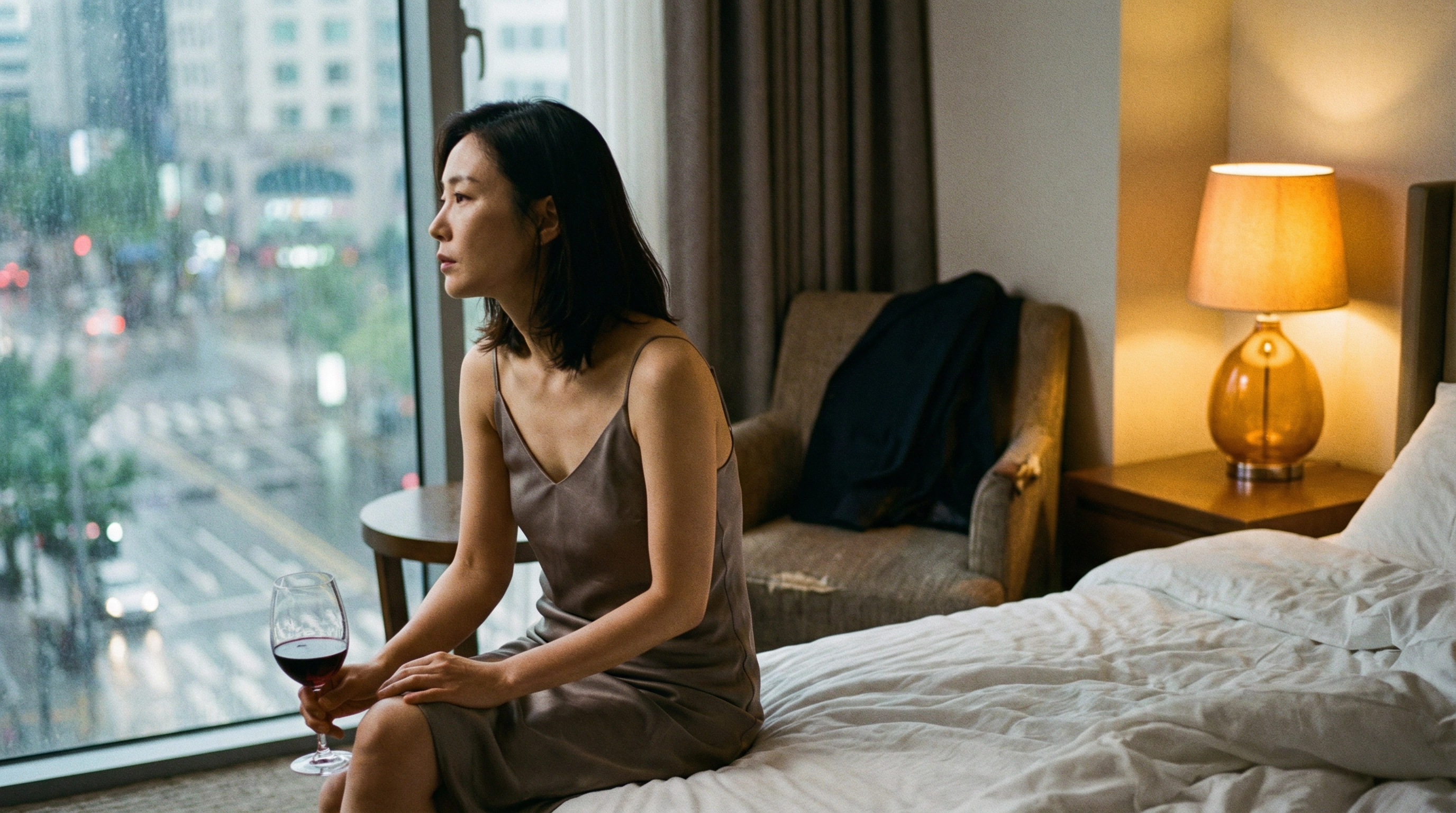Korean woman in slip dress sitting on hotel bed with wine glass, rainy city view