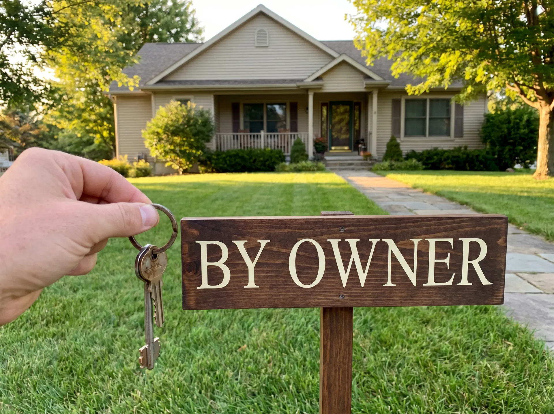 Homeowner standing outside a house with a by-owner style direct-sale visual before foreclosure pressure gets tighter