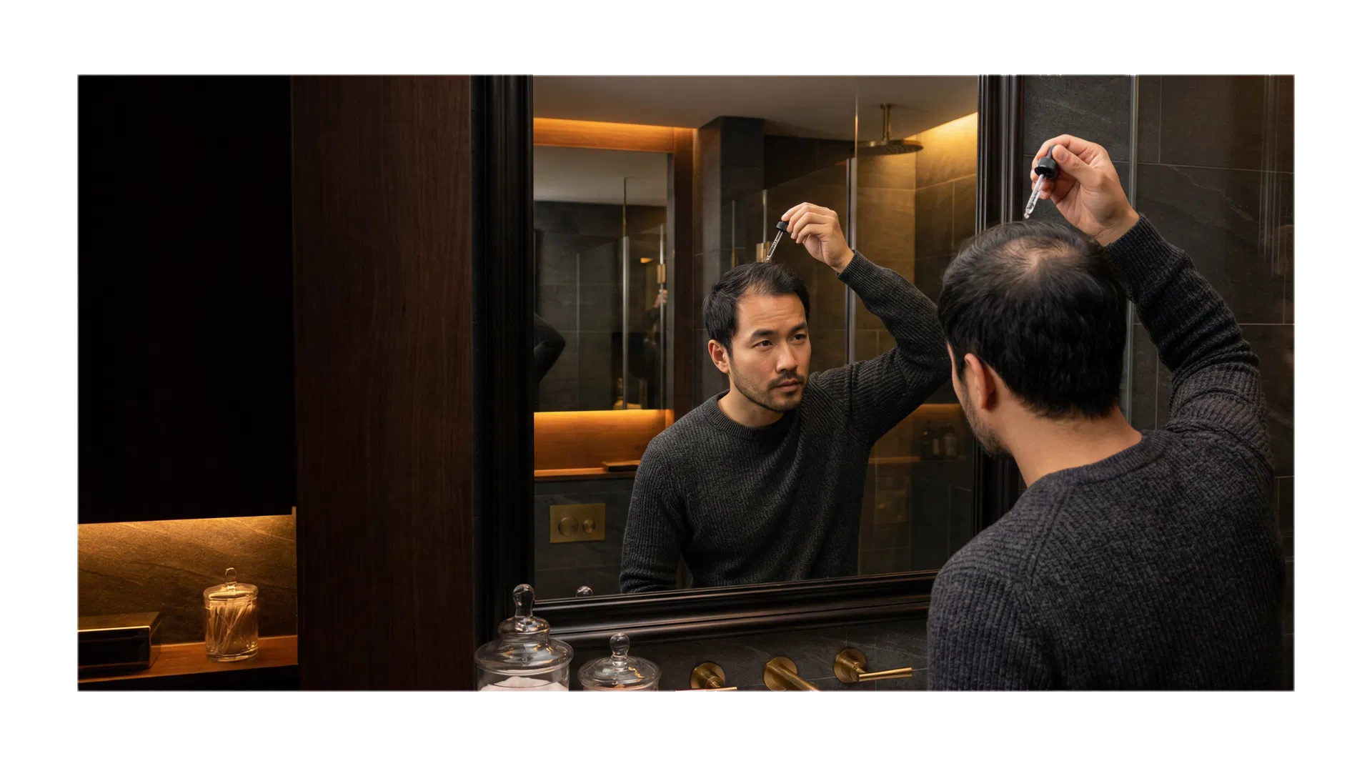 Asian man applying scalp serum while facing a mirror in the STRANDOR hero image