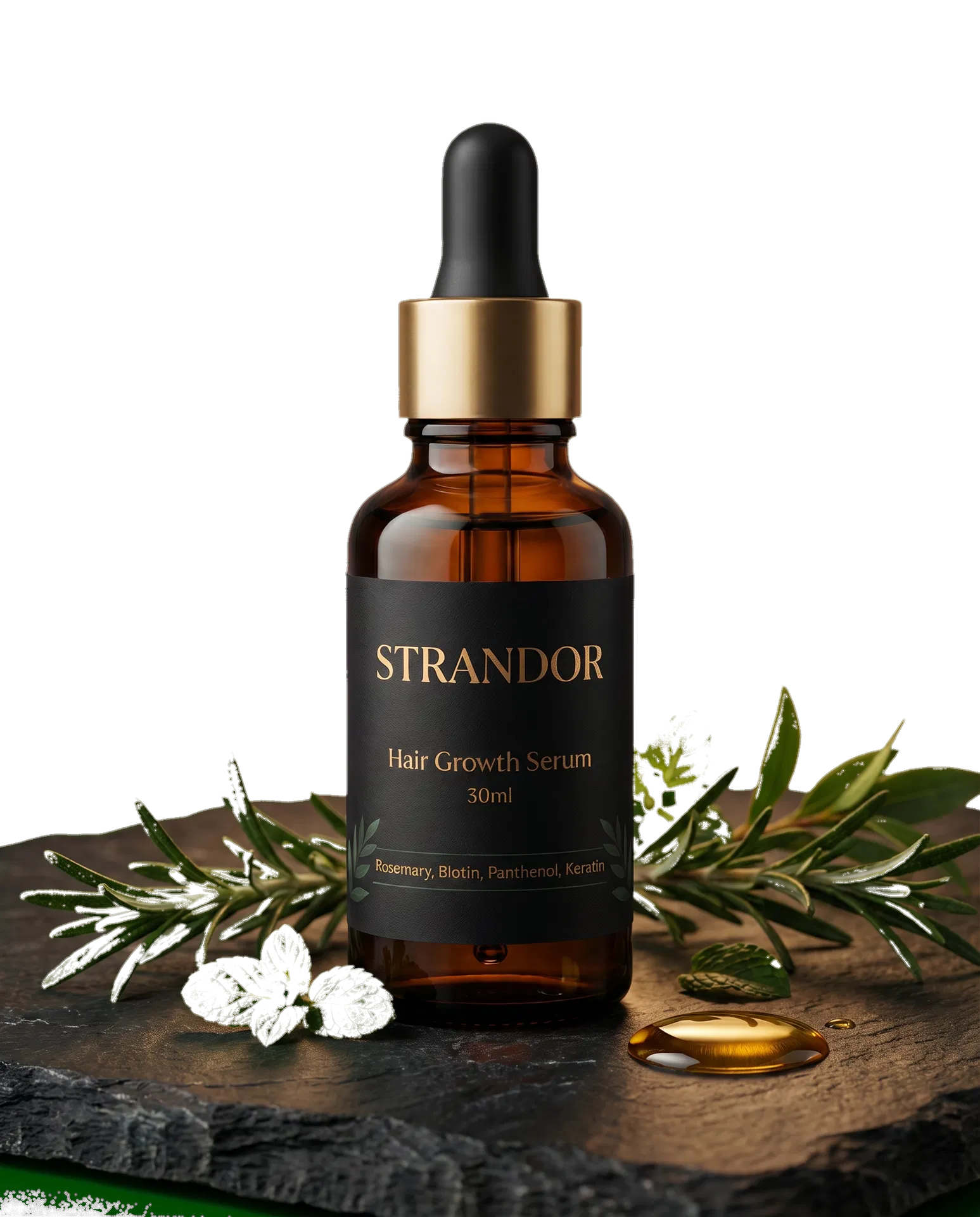STRANDOR amber dropper bottle with premium ingredient story presentation
