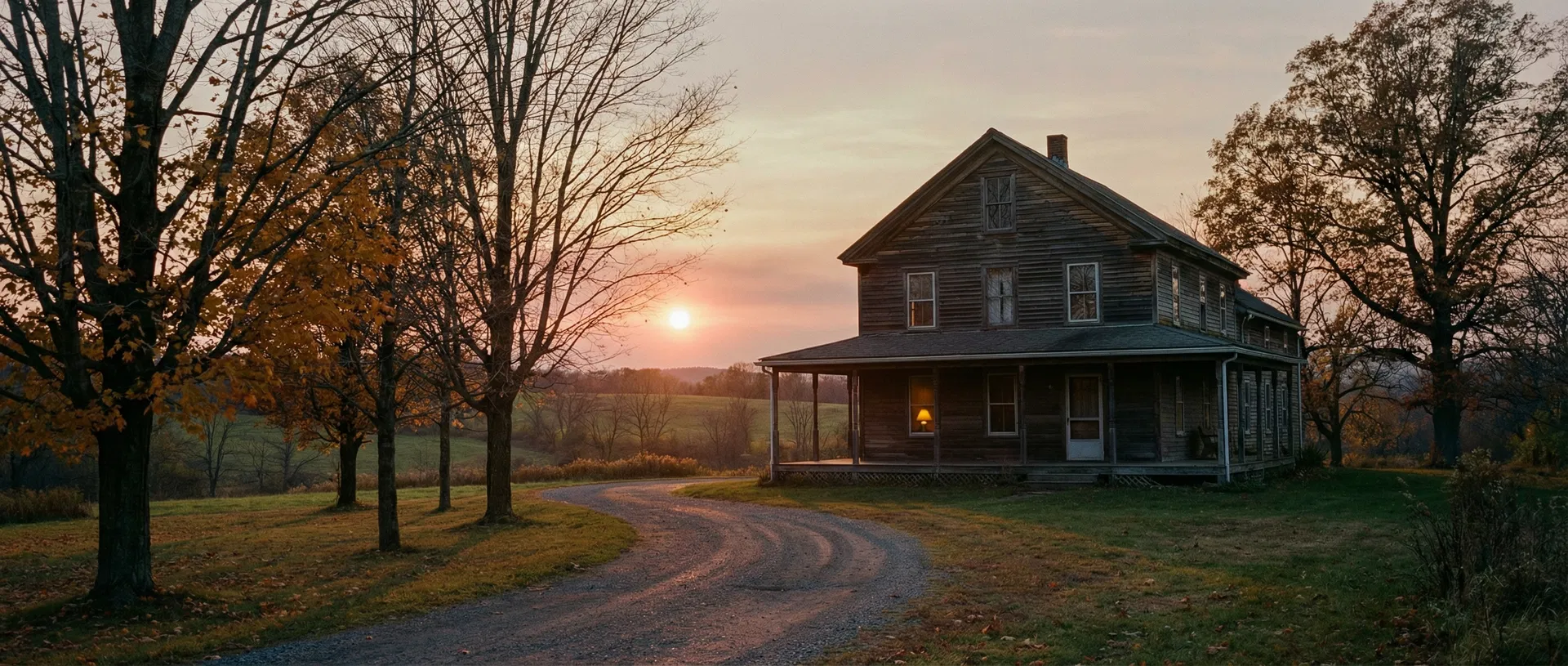 A weathered farmhouse at golden hour in upstate New York autumn