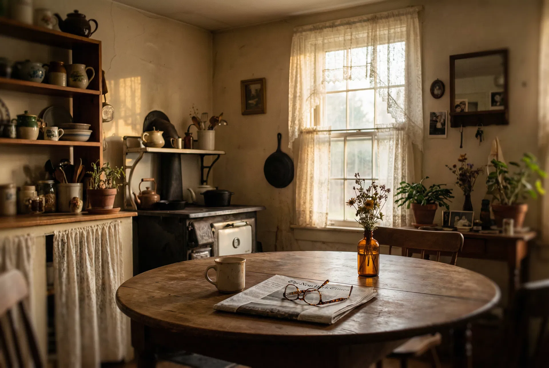 A grandmother's kitchen, warm light, worn table, dried wildflowers