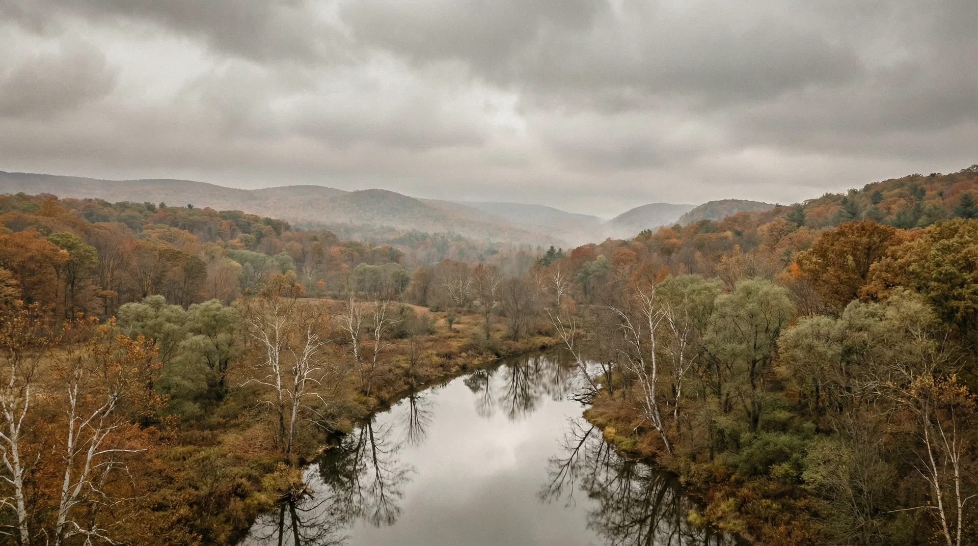 Still creek winding through autumn hills in the Hudson Valley