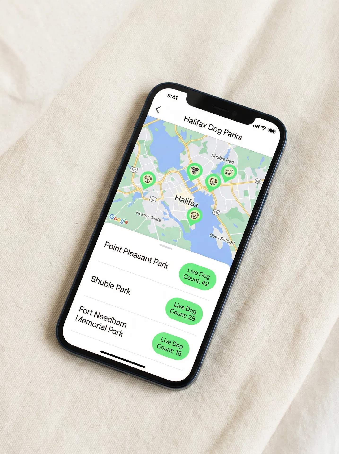 Dog Park Now app showing Halifax parks with live dog counts