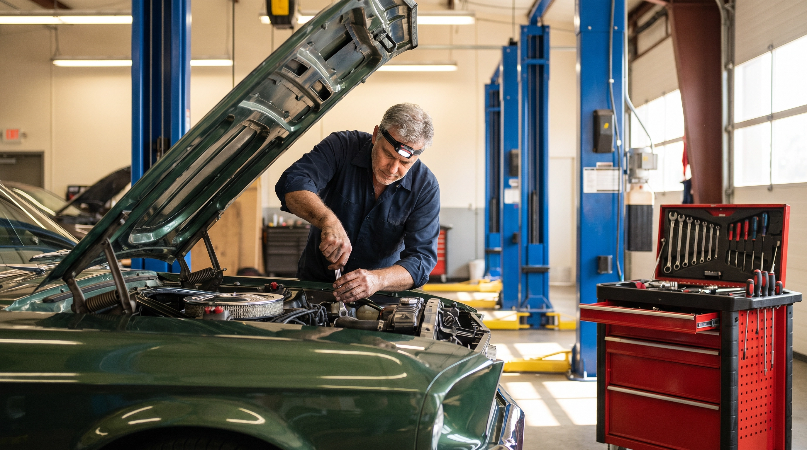 Experienced mechanic working under the hood of a classic car at Oval Auto