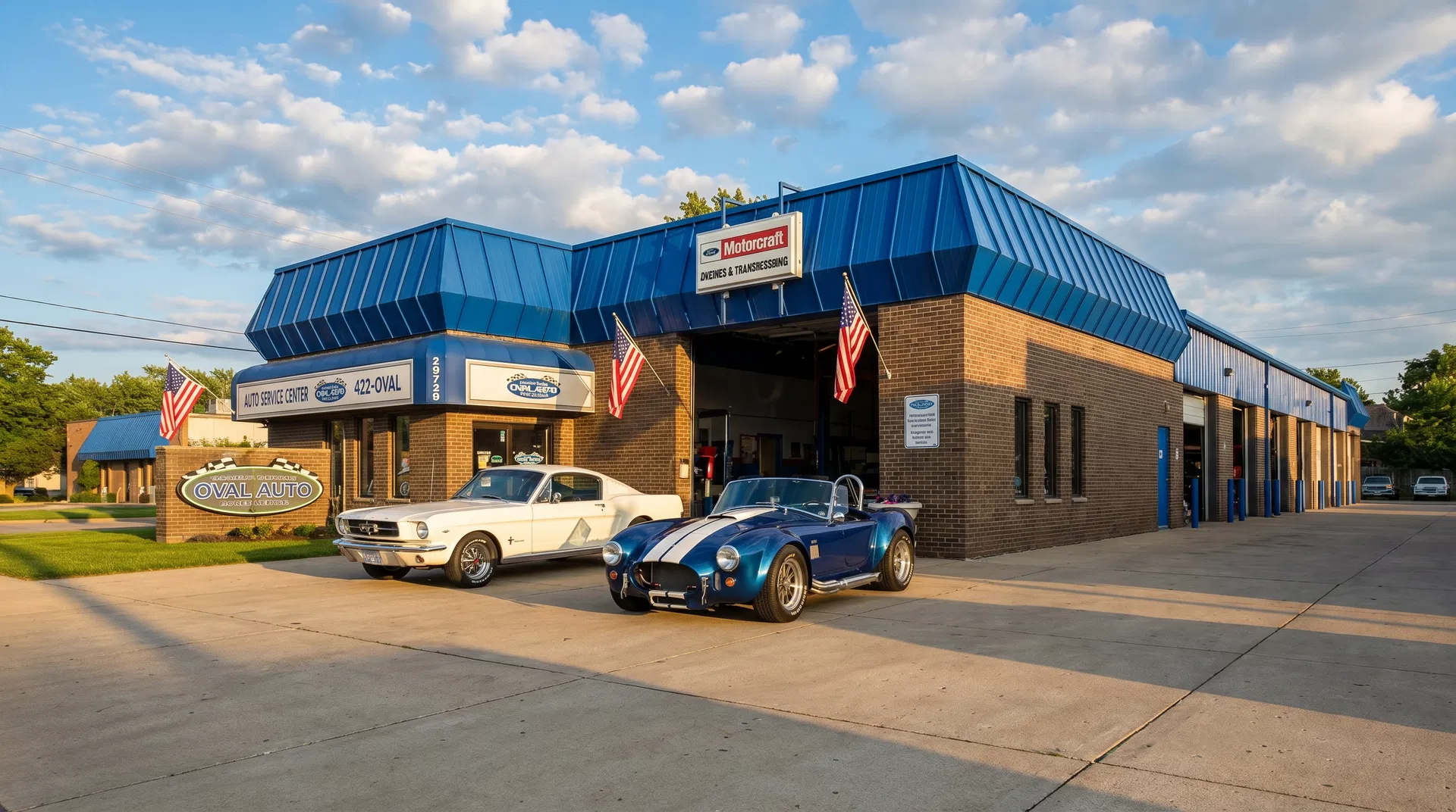 Oval Auto shop exterior — blue awnings, classic cars, golden hour