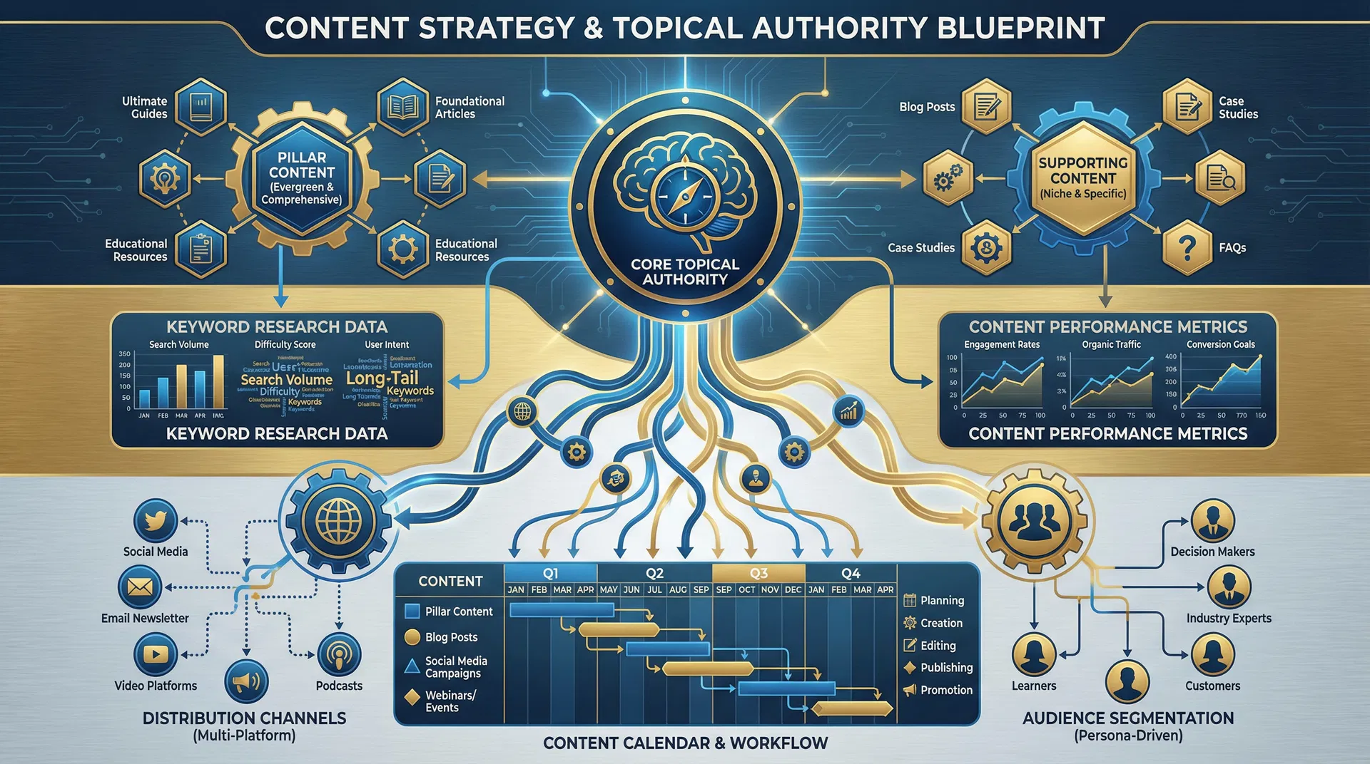 Content strategy and topical authority blueprint with interconnected content clusters