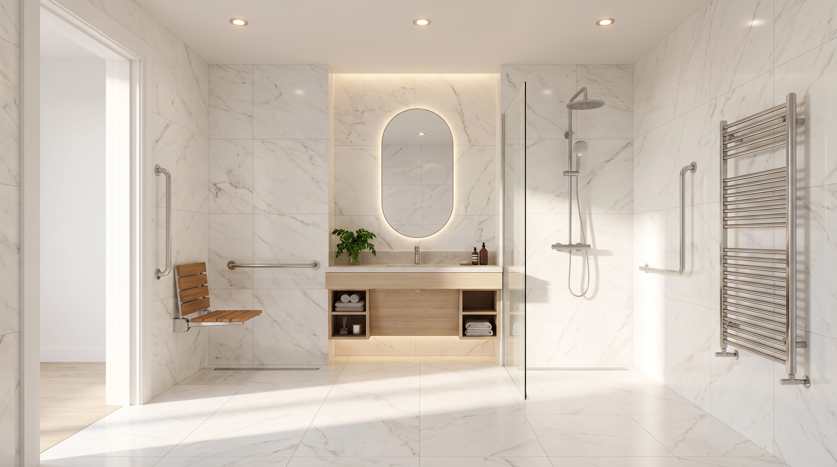 Modern wet room with dark feature wall and accessible shower seat