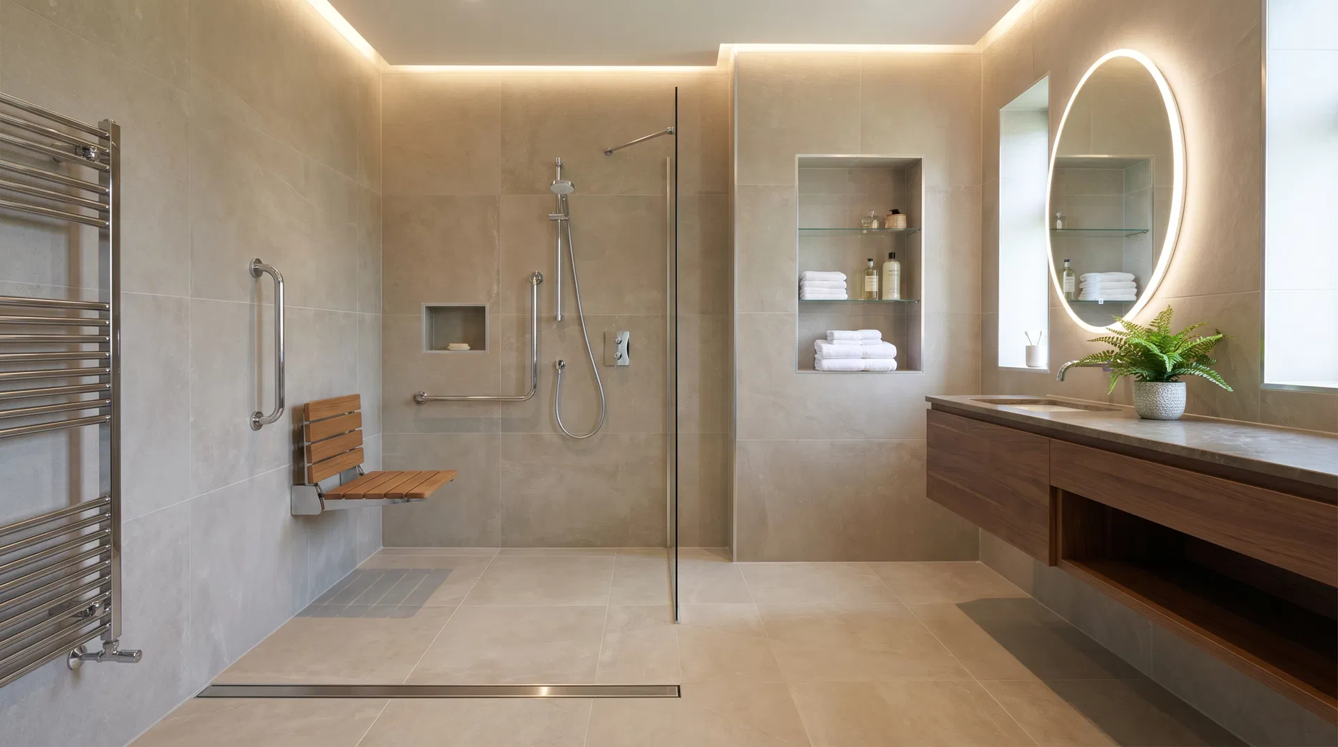 A stylish, modern accessible bathroom with walk-in shower and warm wood tones