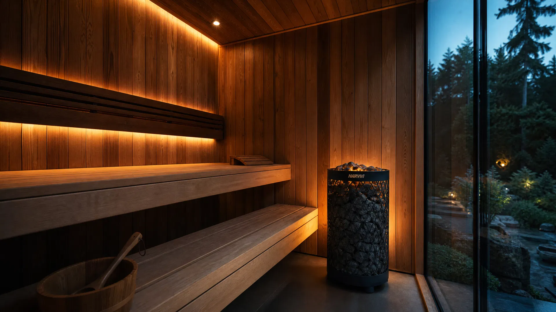 Luxury bespoke sauna interior with LED lighting, Harvia heater, cedar benches and glass wall — South Coast Sauna Co