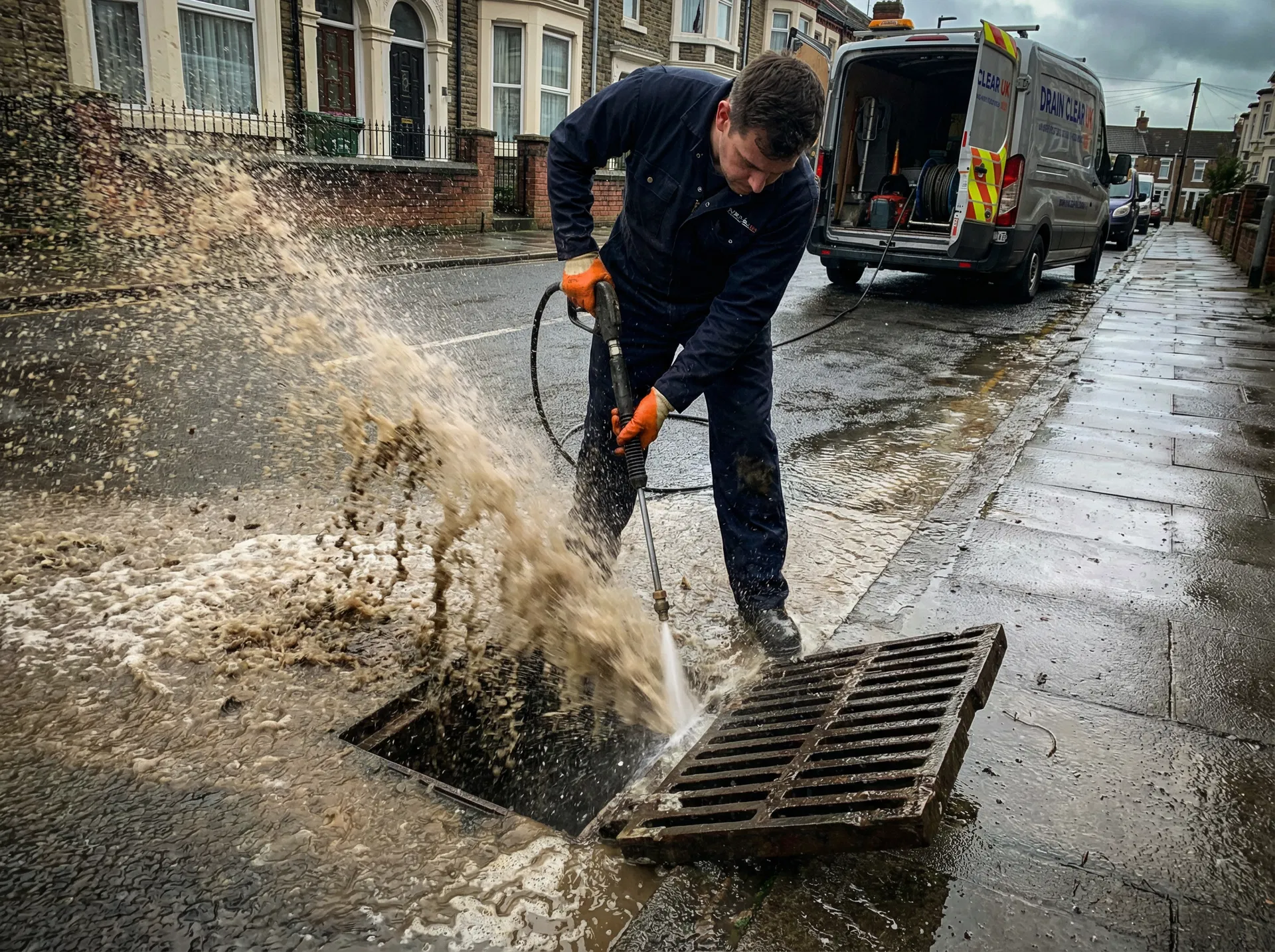 HydroFlow Drainage Preston engineer unblocking a residential drain using high-pressure jetting equipment