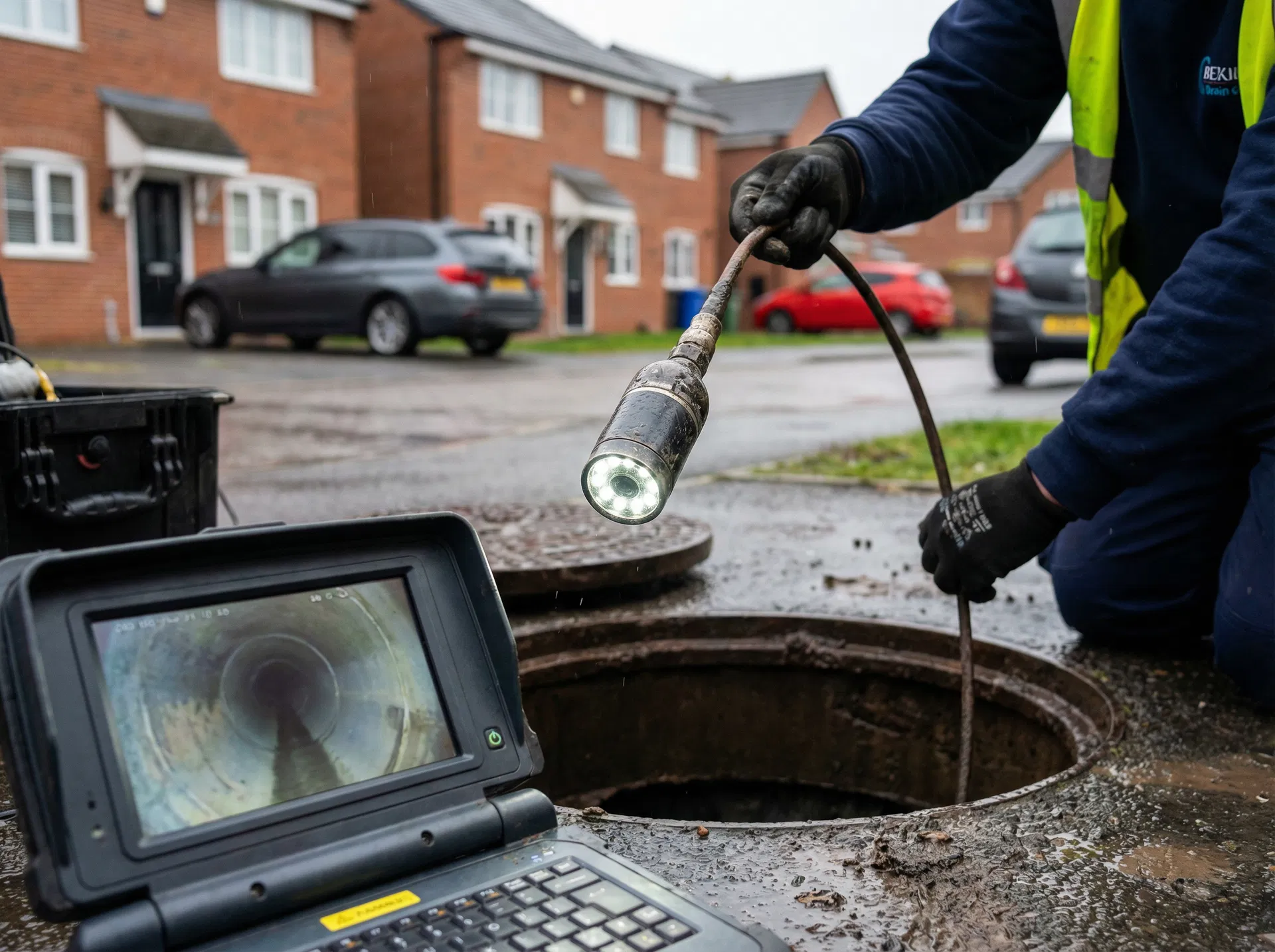 CCTV drain survey camera being inserted into a drainage pipe in Preston, Lancashire