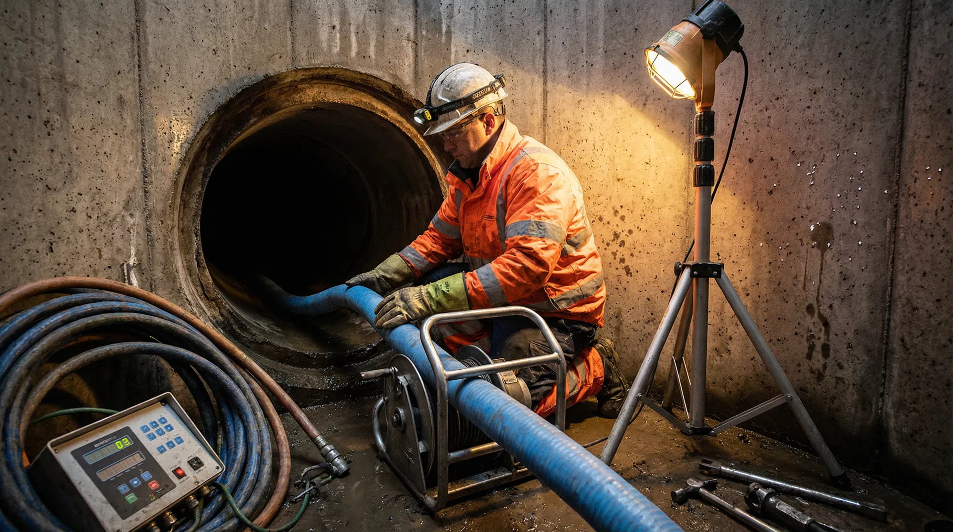 Drainage engineer performing no-dig pipe relining repair inside a concrete manhole in Lancashire