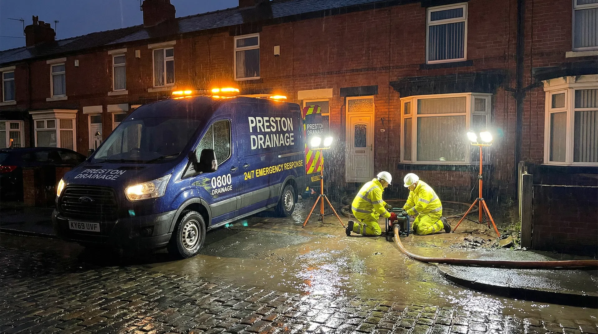 HydroFlow Drainage Preston emergency response van attending a blocked drain call-out at night