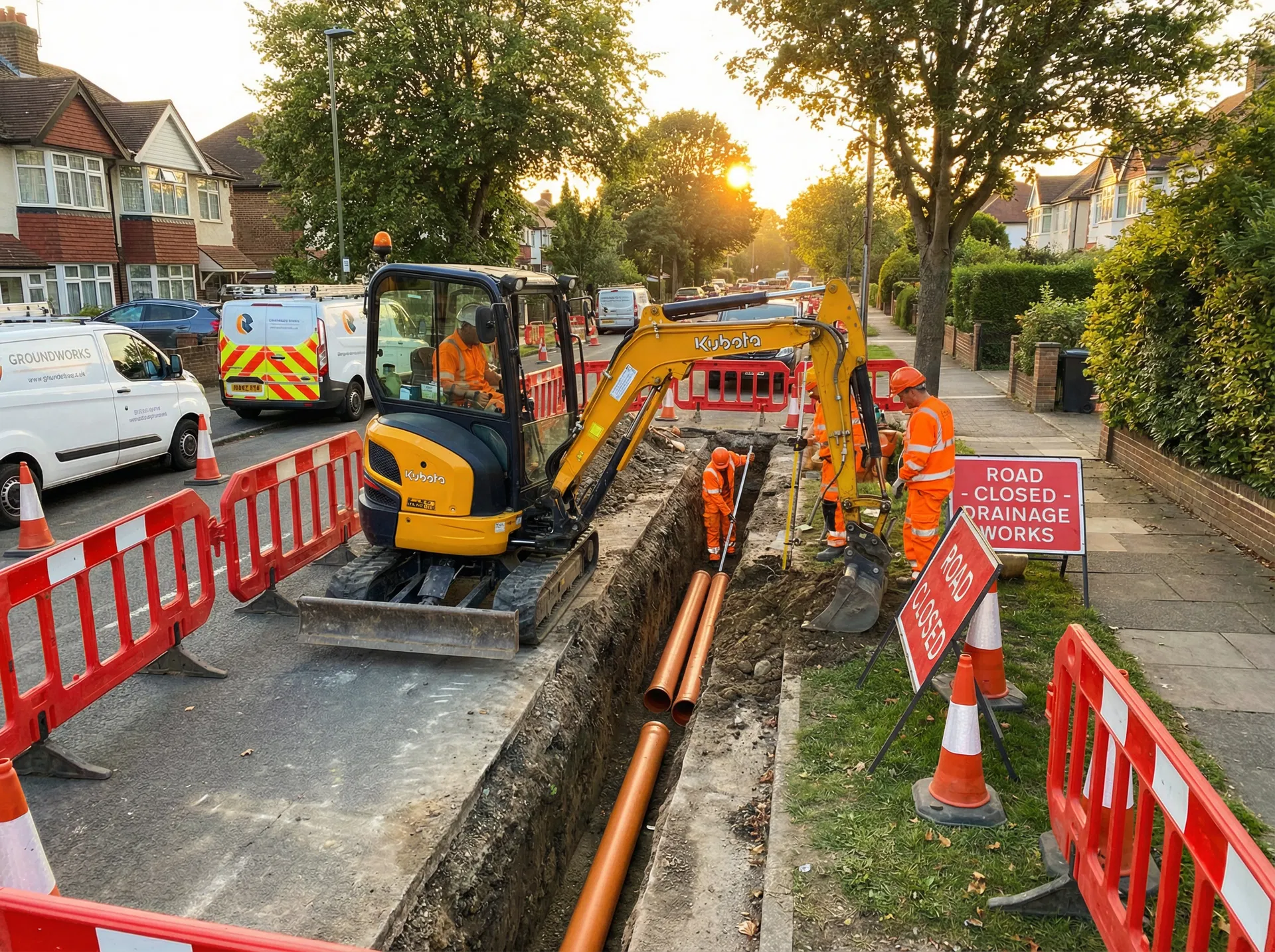 Groundworks team excavating and installing new drainage infrastructure in Preston