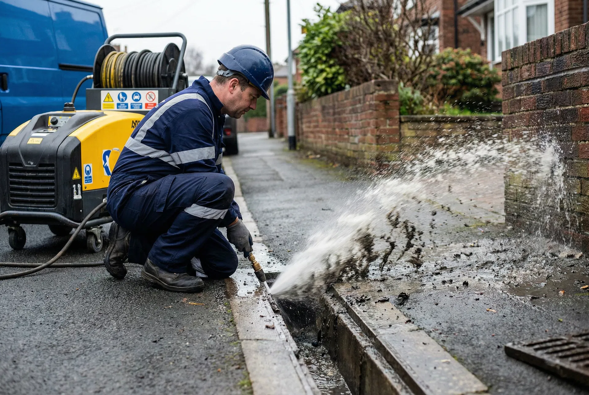 High-pressure jet washing of a commercial drain and driveway surface in Preston