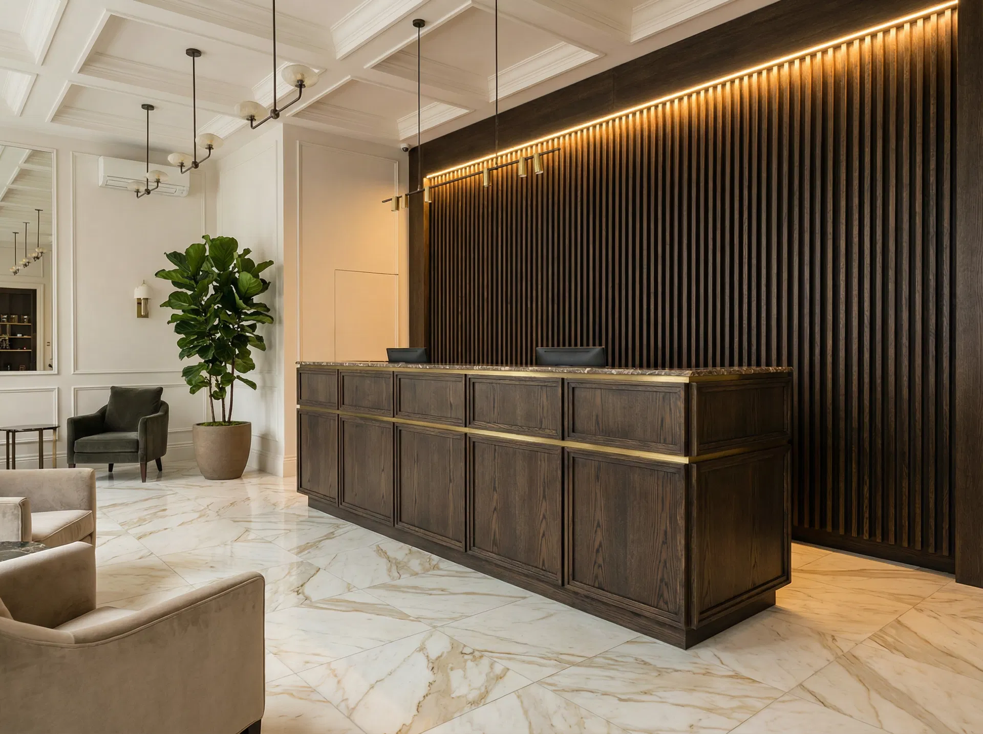 Luxury hotel reception fit-out with bespoke dark oak desk, slatted timber wall cladding and brass detailing by Ross-Read Carpentry