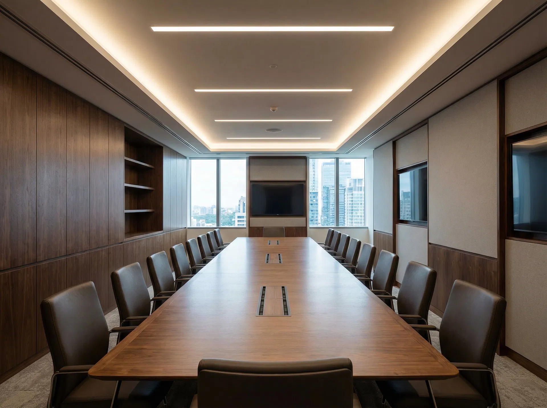 Corporate boardroom fit-out with bespoke walnut wall panelling and integrated storage by Ross-Read Carpentry, Dorset
