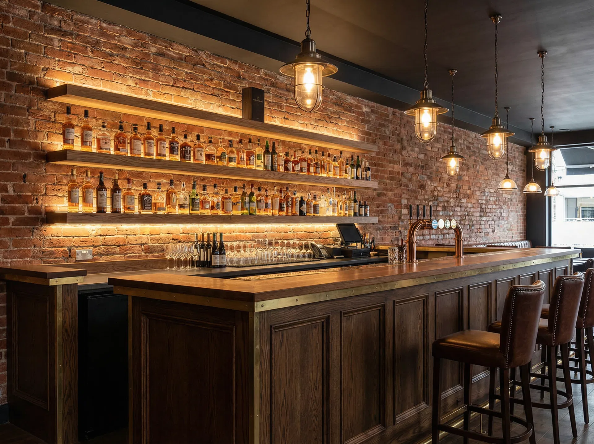 Bespoke bar fit-out with solid oak counter, floating shelving and brass detailing by Ross-Read Carpentry, Bournemouth