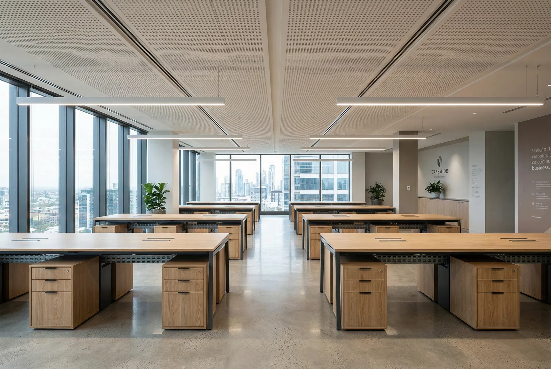 Commercial office fit-out with bespoke timber workstations and desks installed by Ross-Read Carpentry, Bournemouth
