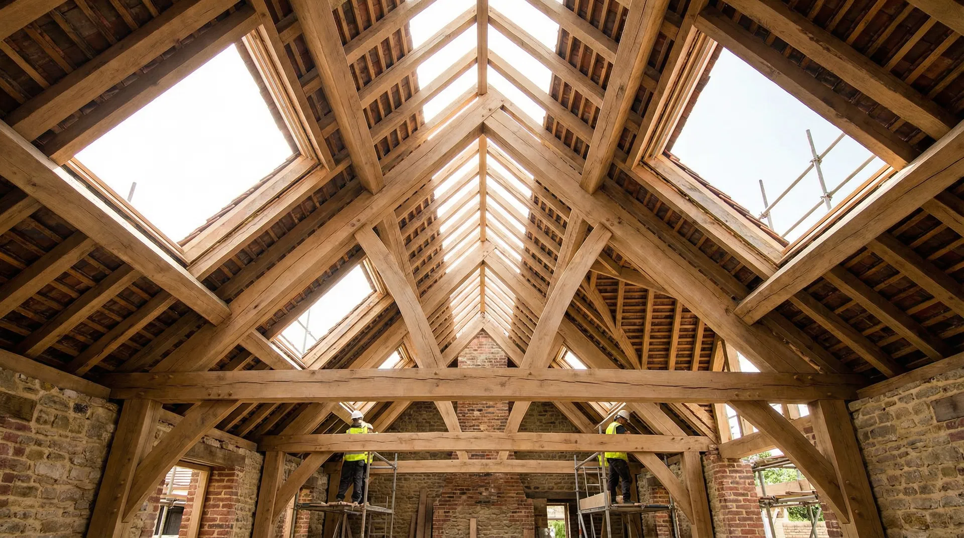 Traditional oak cut roof frame under construction by Ross-Read Building Services Dorset