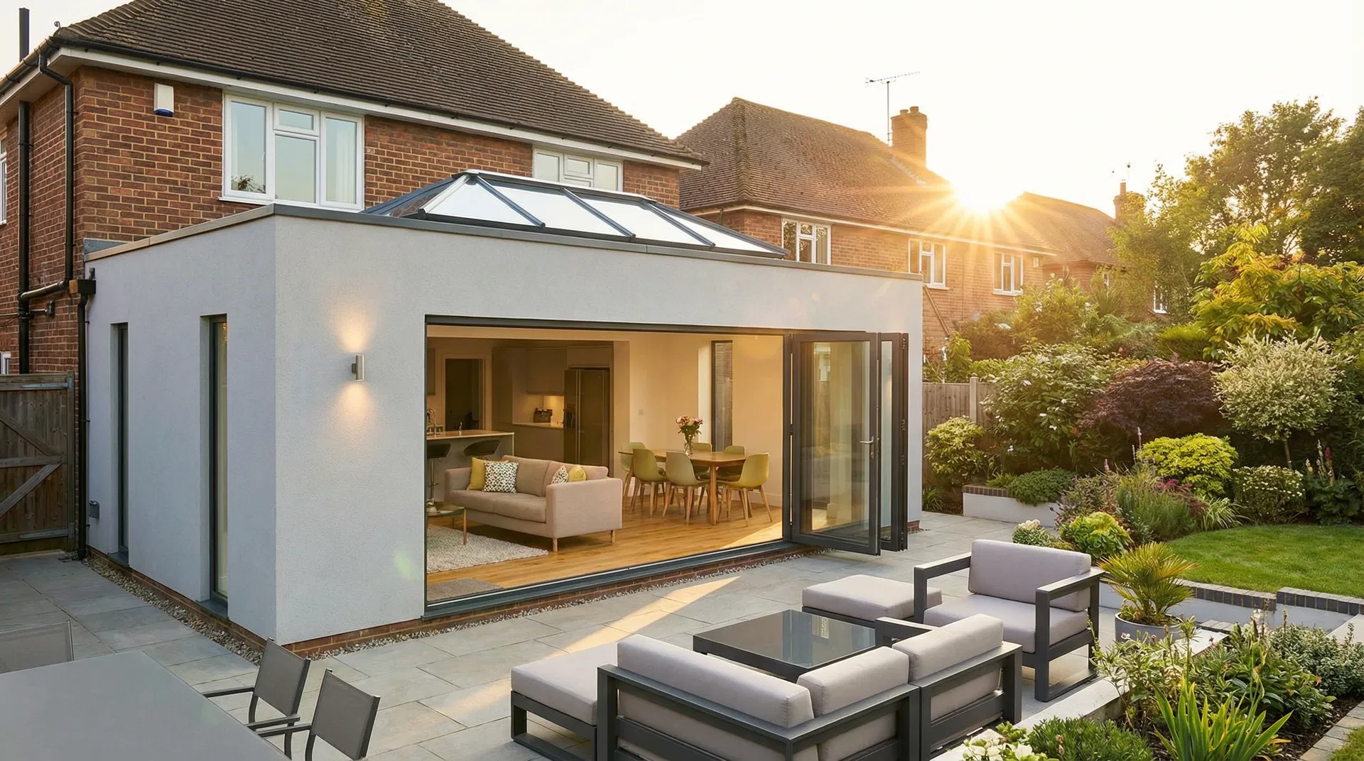 Single-storey rear house extension with aluminium bi-fold doors open to garden and lantern roof light