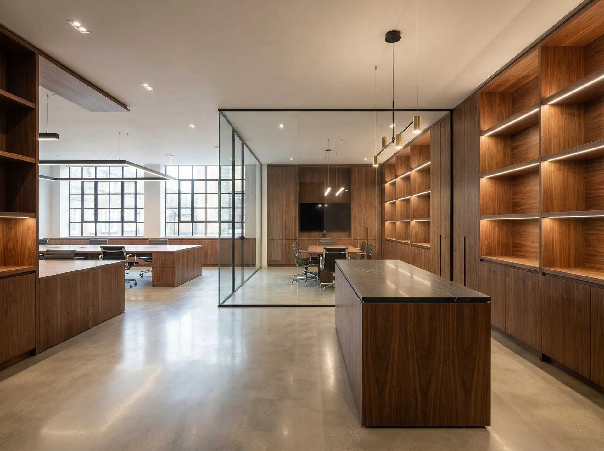 Premium commercial office fit-out with walnut joinery and glass partitions by Ross-Read Carpentry Poole