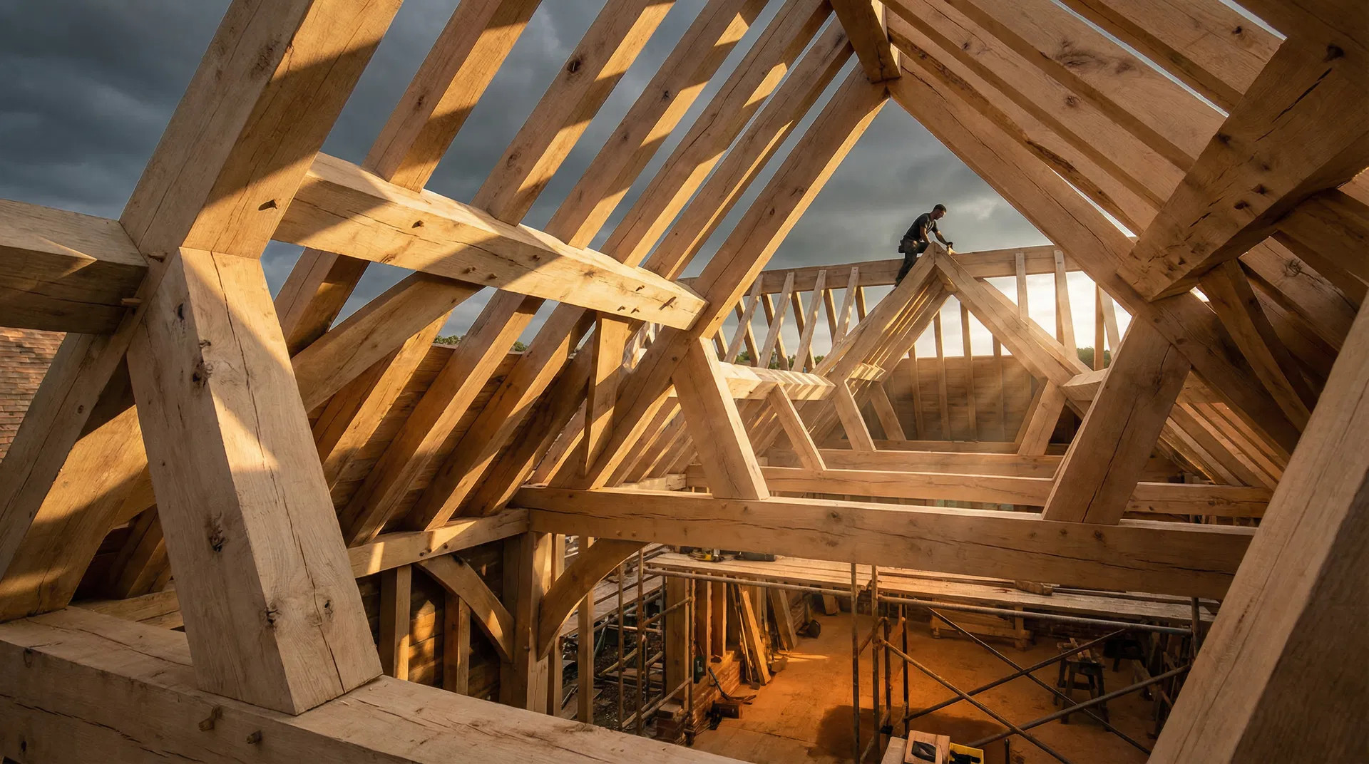 Oak cut roof frame under construction with carpenter on ridge board, Poole Dorset