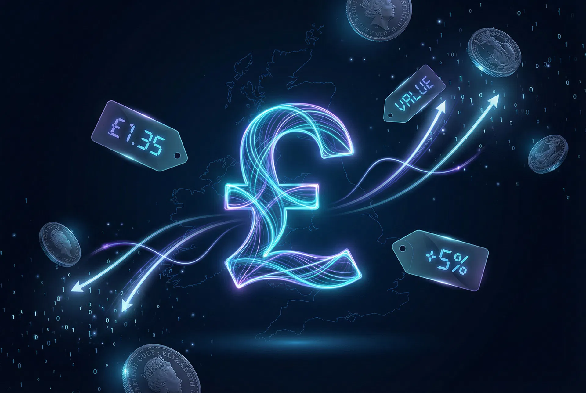 Glowing pound sterling symbol with price tags and UK map
