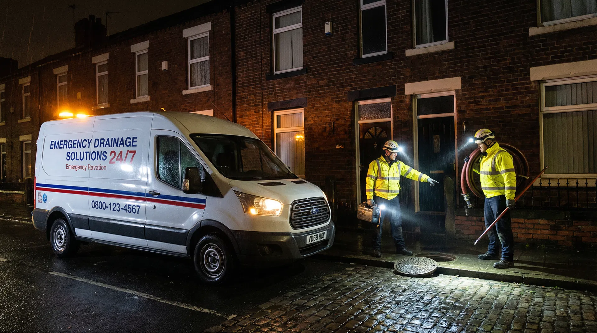 Emergency drainage team arriving at night in Chorley