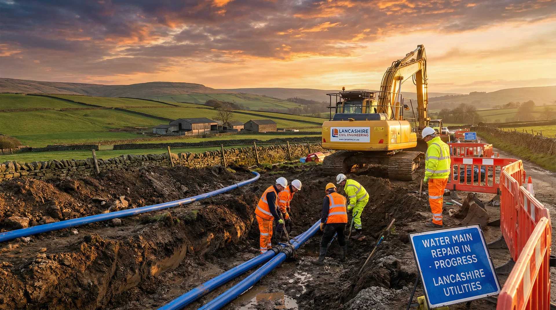 Lancashire water main repair specialists working on site