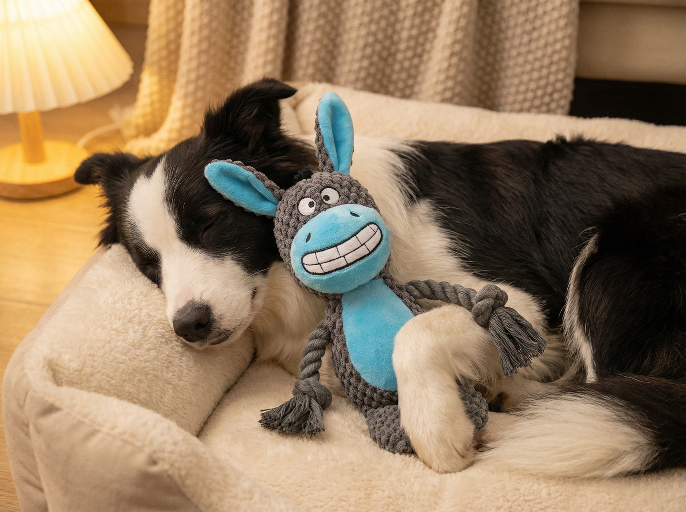 Hund schläft mit Plüschtier