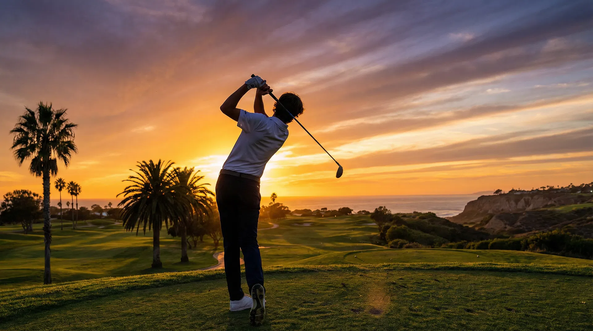 Junior golfer at sunset