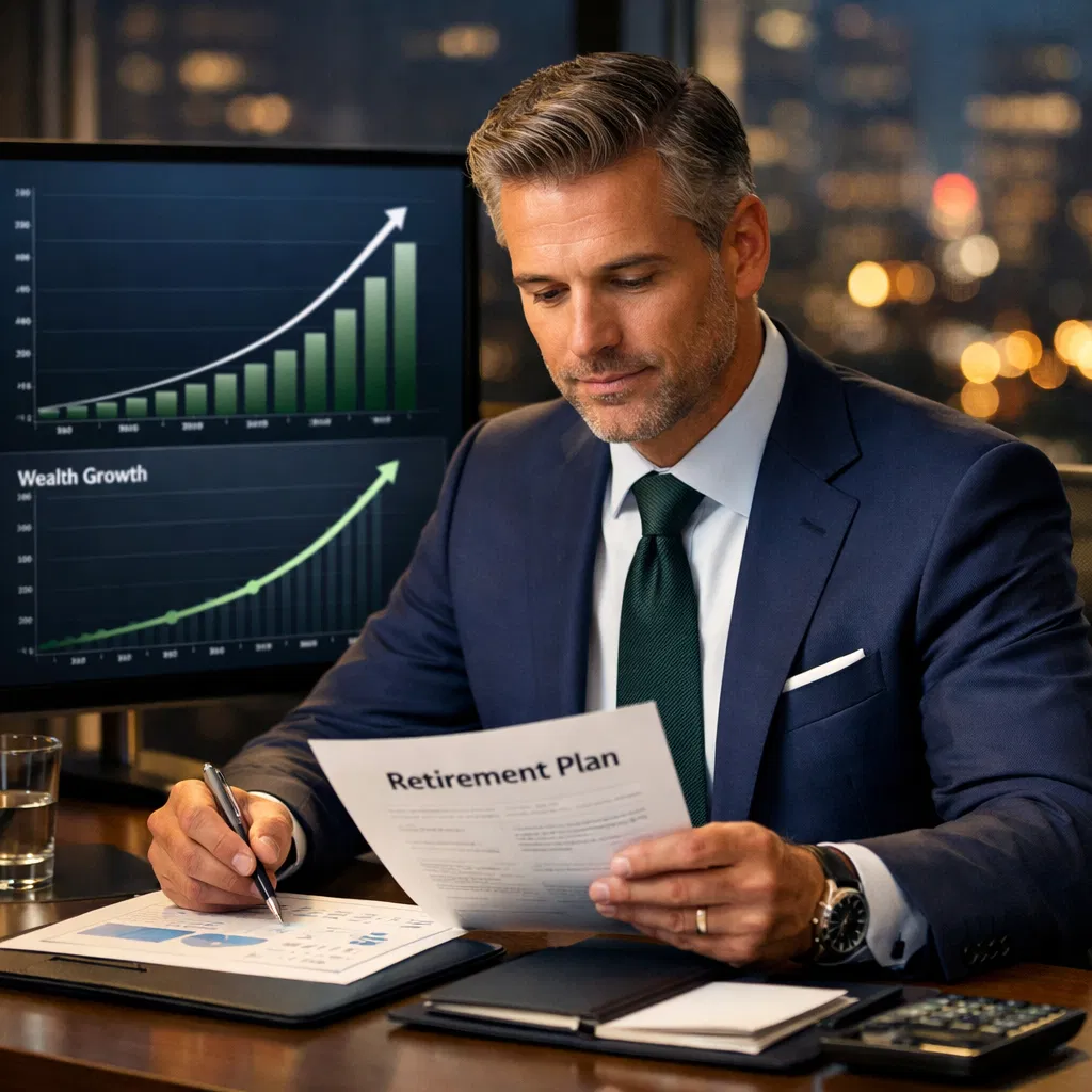 Professional business executive reviewing cash balance retirement plan documents with growth charts, demonstrating tax-deductible defined benefit pension strategy for high-income business owners