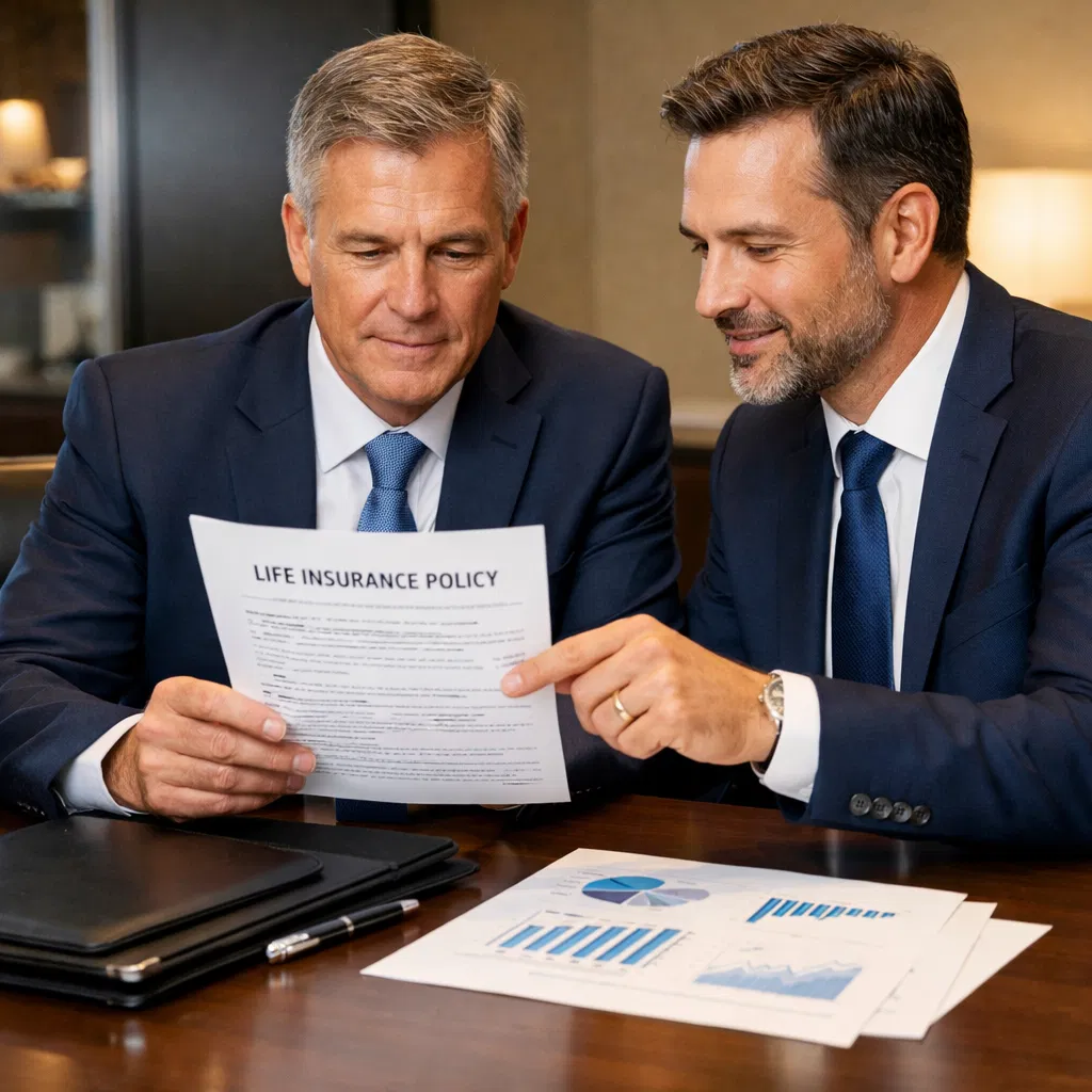 Business professionals reviewing IRC Section 162 executive bonus plan with permanent life insurance policy for tax-deductible compensation and employee retention strategy