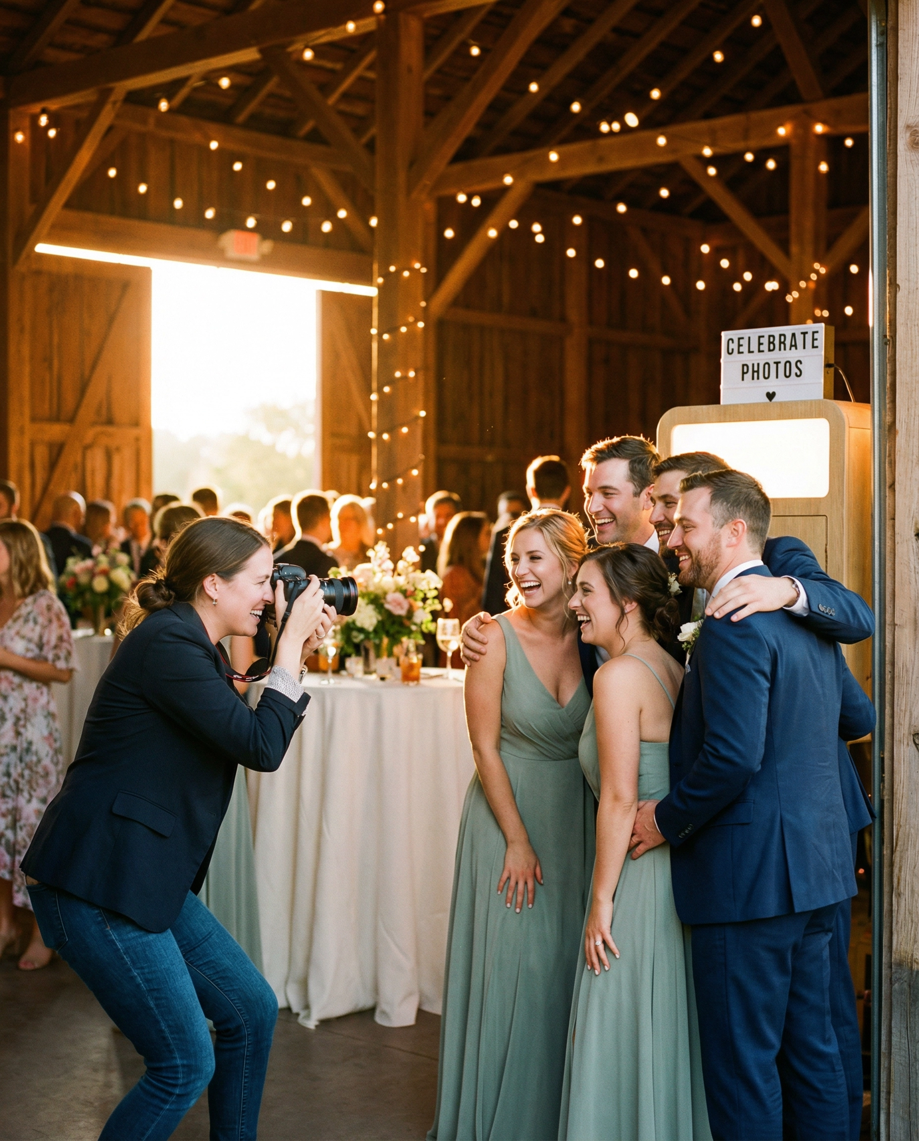 Guests laughing while getting their photo taken at a Mountain Magnets station