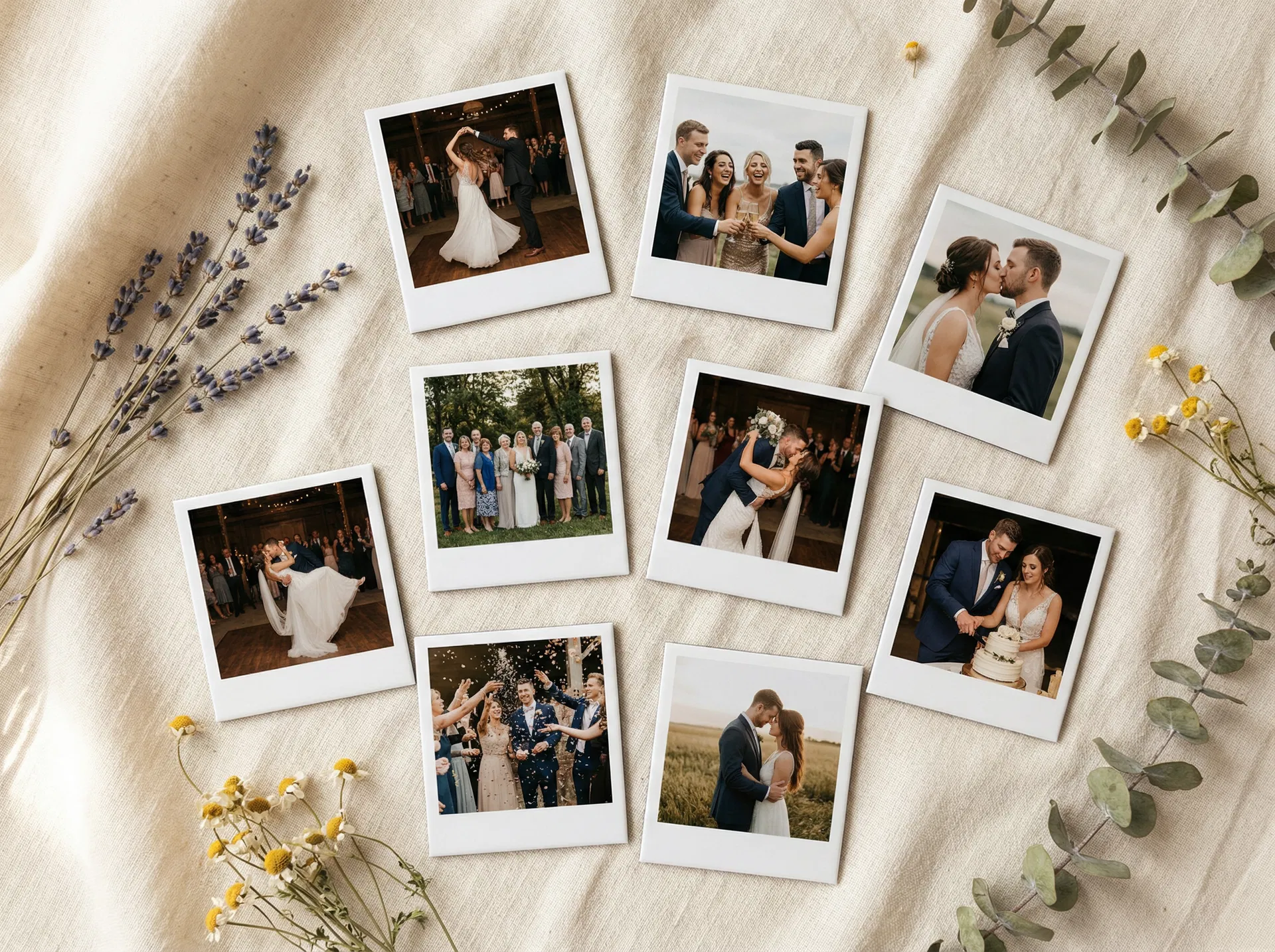 Custom wedding photo magnets flat lay